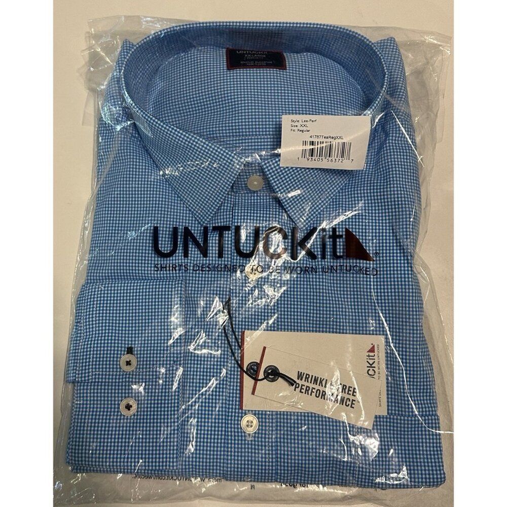 NWT Untuckit Lee Perf Men 2XL regular Fit button Down Shirt Wrinkle Free Blue